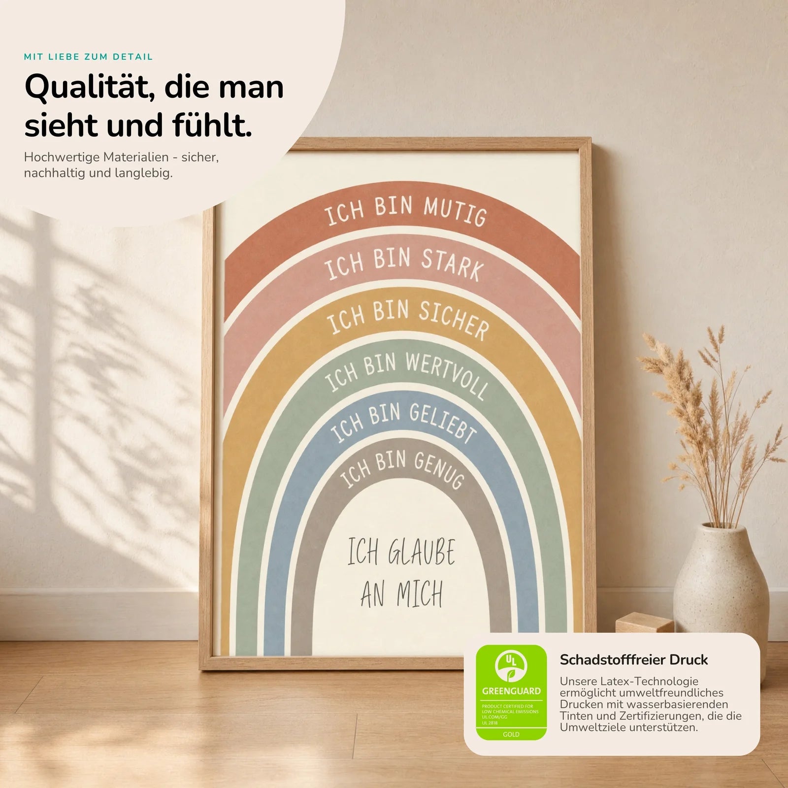 Affirmationsposter Kinderzimmer Regenbogen Creme, Nahaufnahme der Affirmationen
