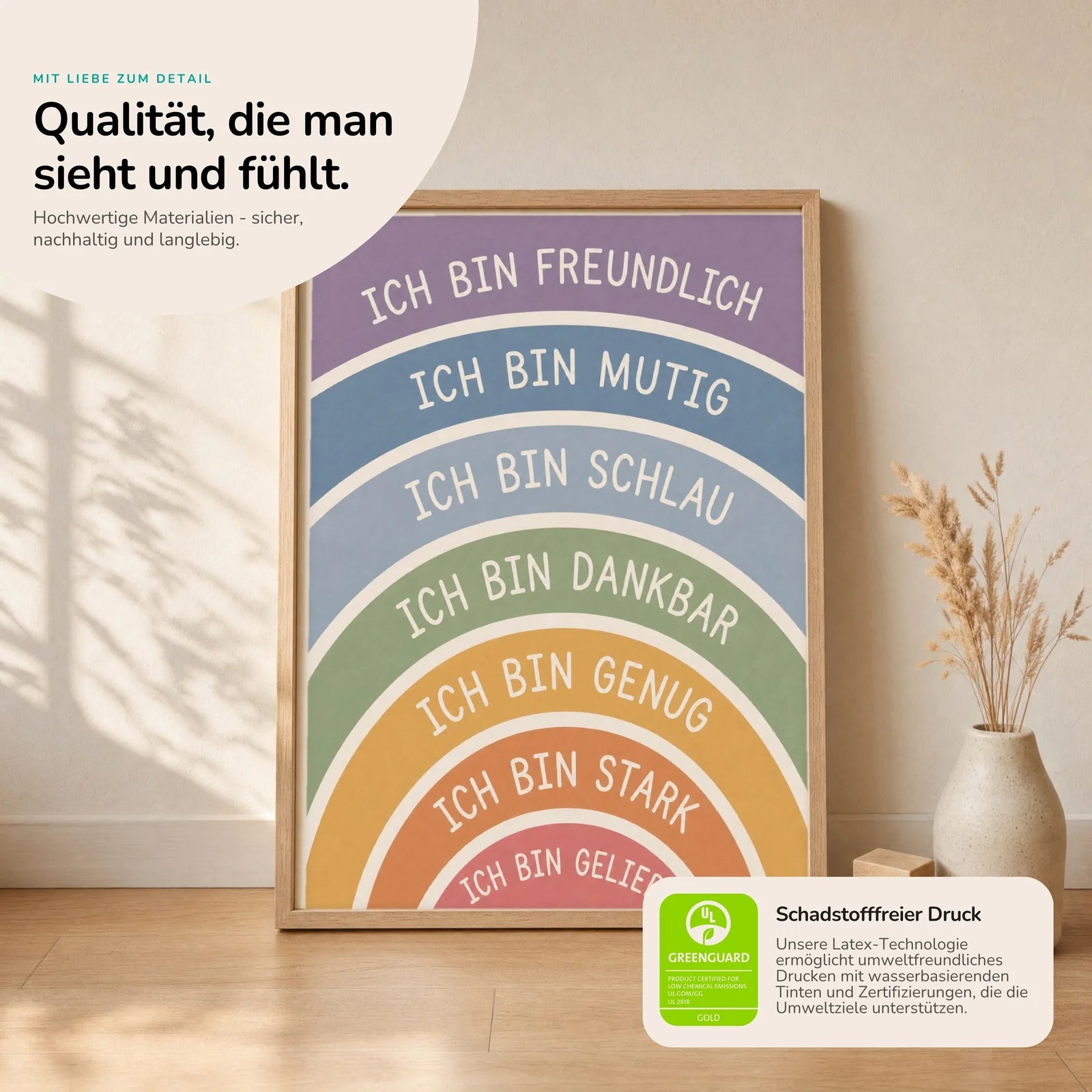 Affirmationsposter Kinderzimmer Regenbogen Ich bin freundlich, Nahaufnahme der Affirmationen