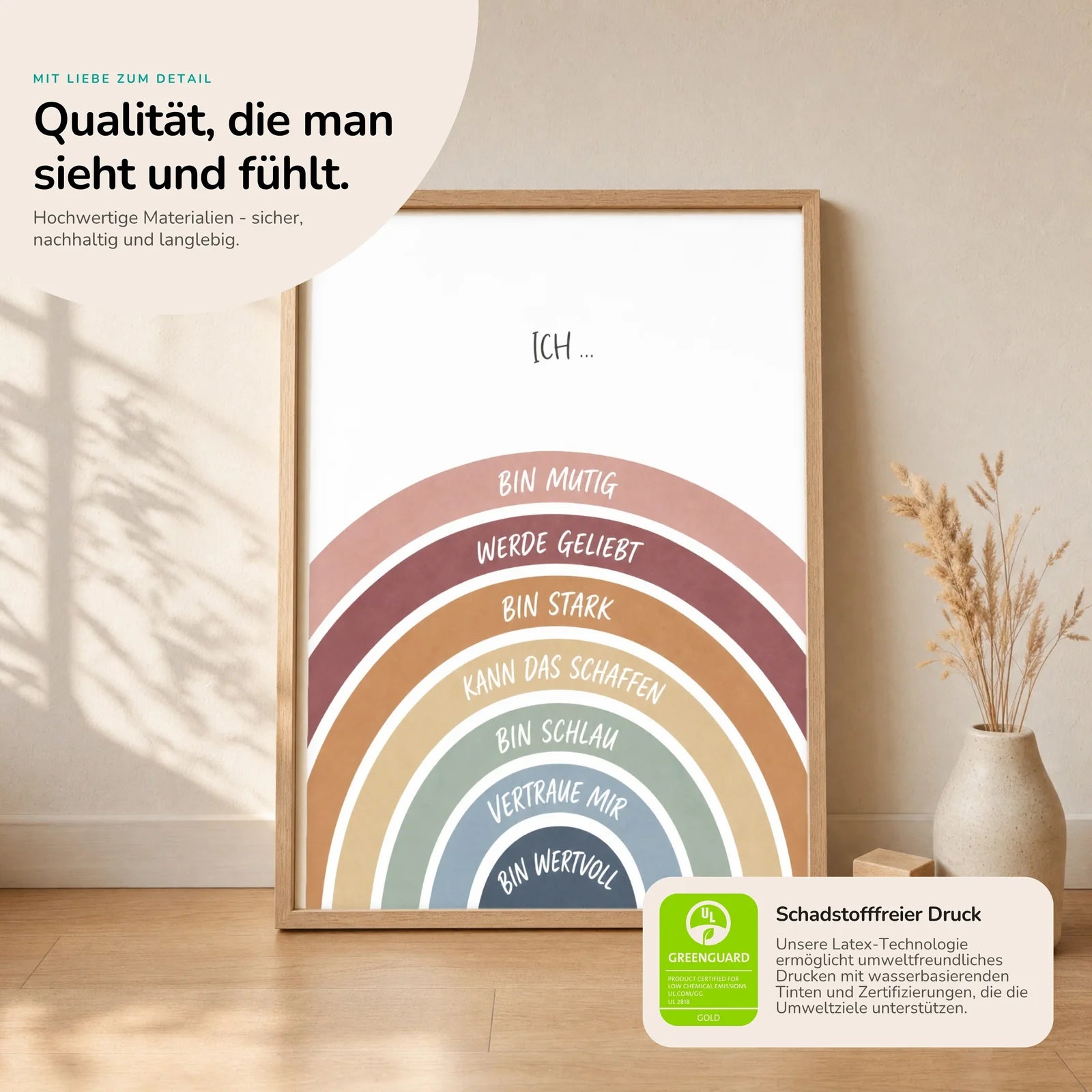 Affirmationsposter Kinderzimmer Regenbogen Ich bin mutig, Nahaufnahme der Affirmationen