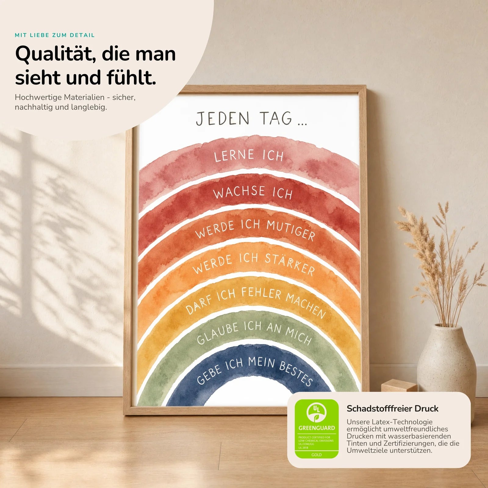 Affirmationsposter Kinderzimmer Regenbogen Jeden Tag, Nahaufnahme der Affirmationen