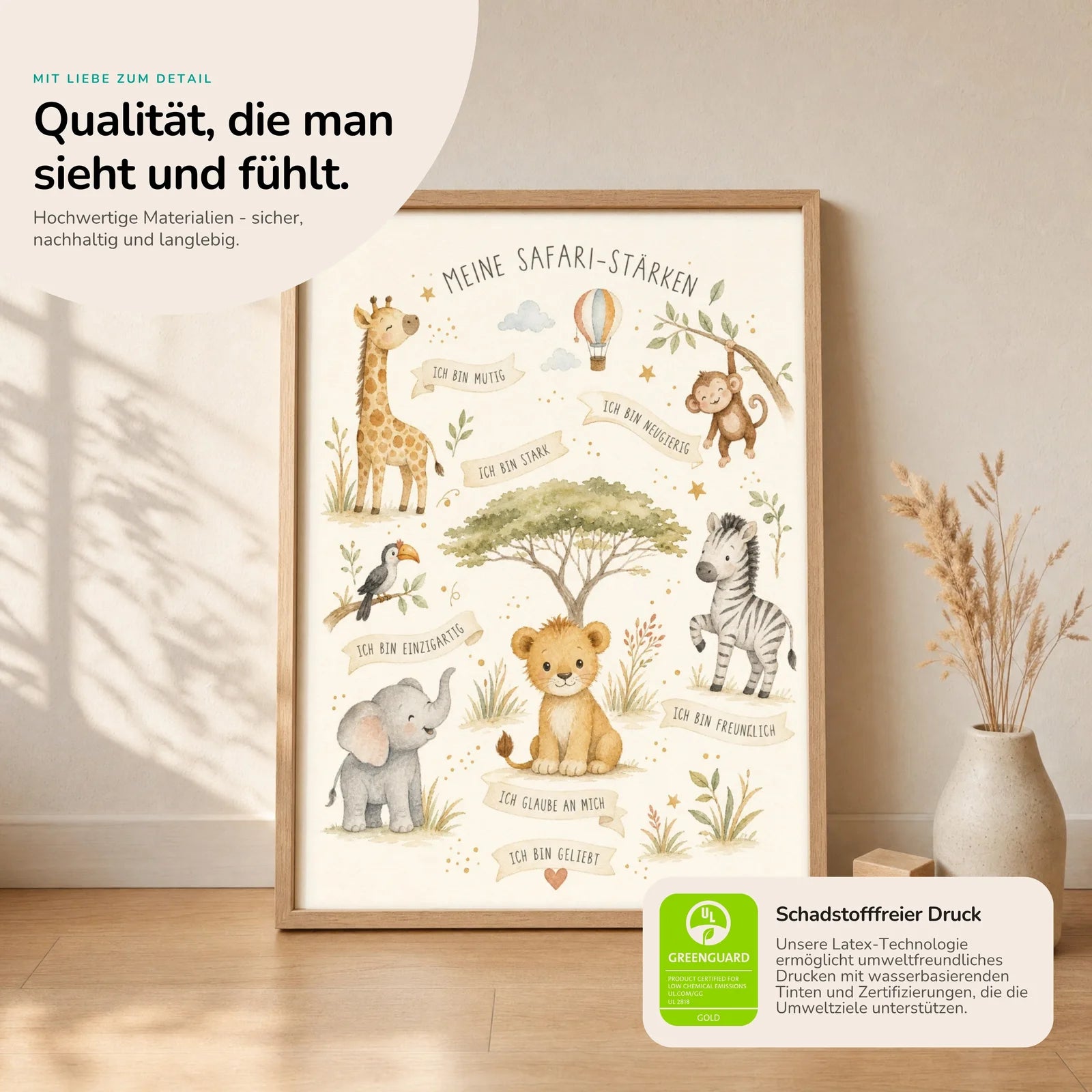Affirmationsposter Kinderzimmer Safari-Stärken, Nahaufnahme der Affirmationen