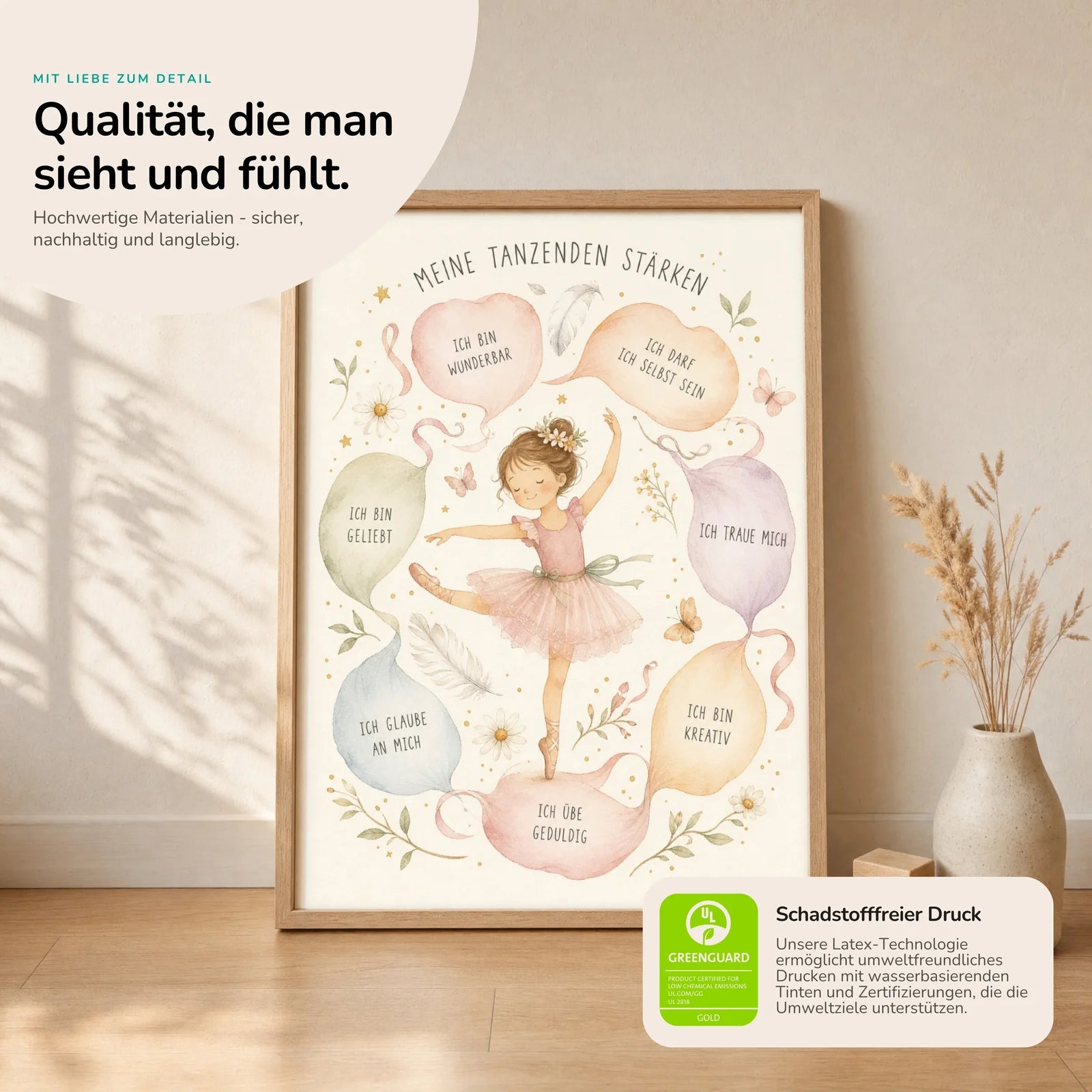 Affirmationsposter Kinderzimmer Tanzende Stärken, Nahaufnahme der Affirmationen
