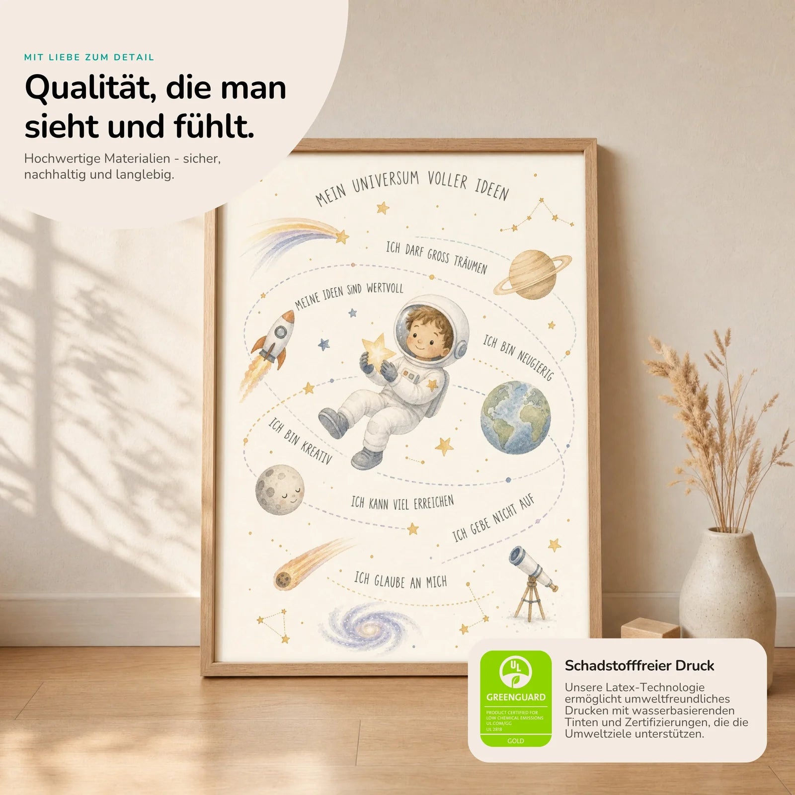 Affirmationsposter Kinderzimmer Universum voller Ideen, Nahaufnahme der Affirmationen
