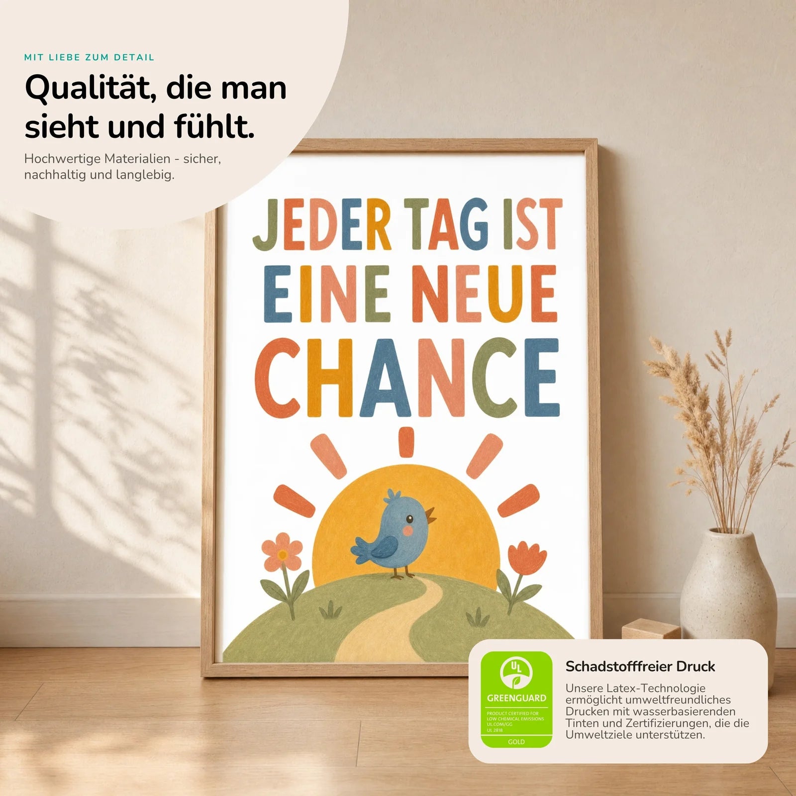 Affirmationsposter Kinderzimmer Vogel Jeder Tag neue Chance, Nahaufnahme der Affirmationen