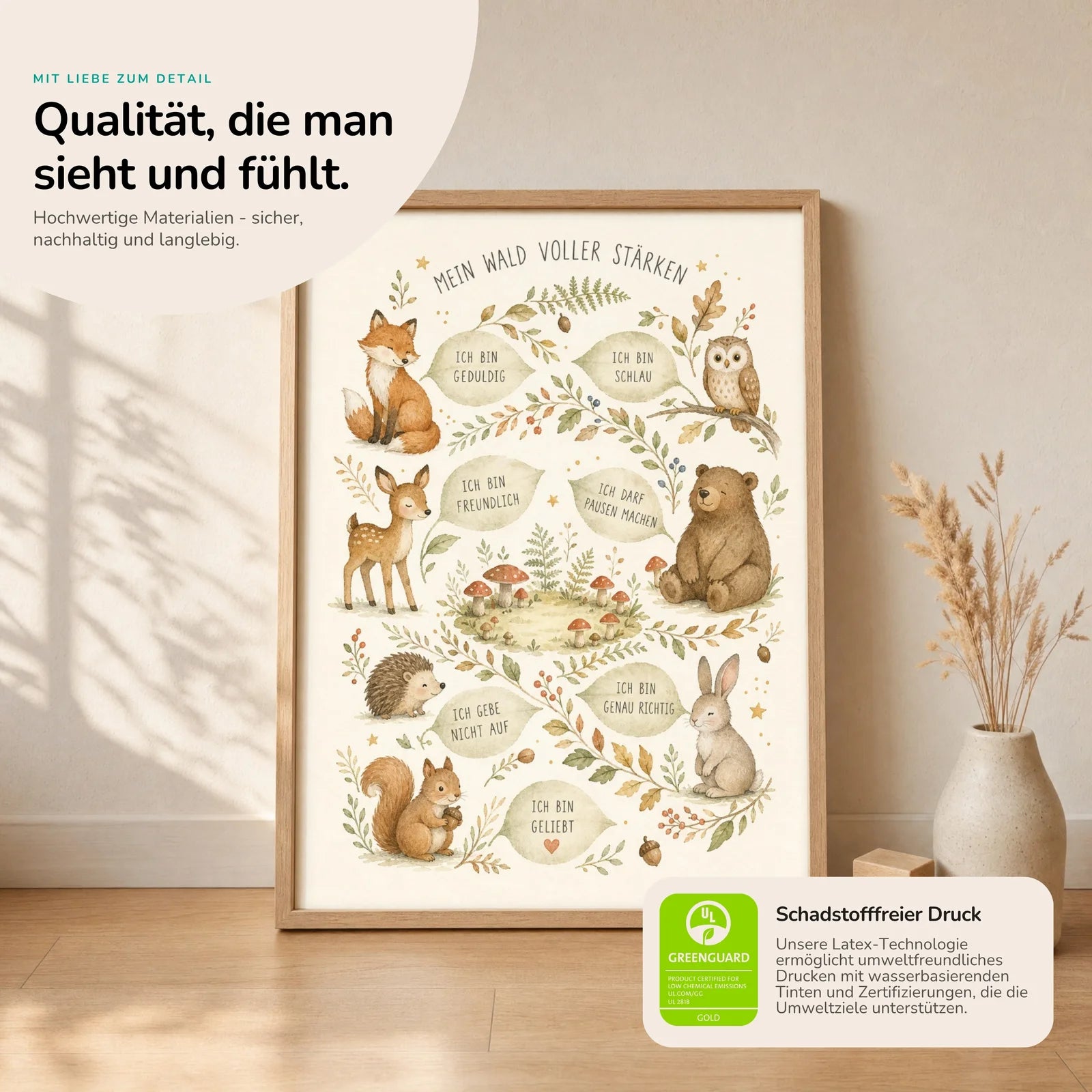 Affirmationsposter Kinderzimmer Wald voller Stärken, Nahaufnahme der Affirmationen