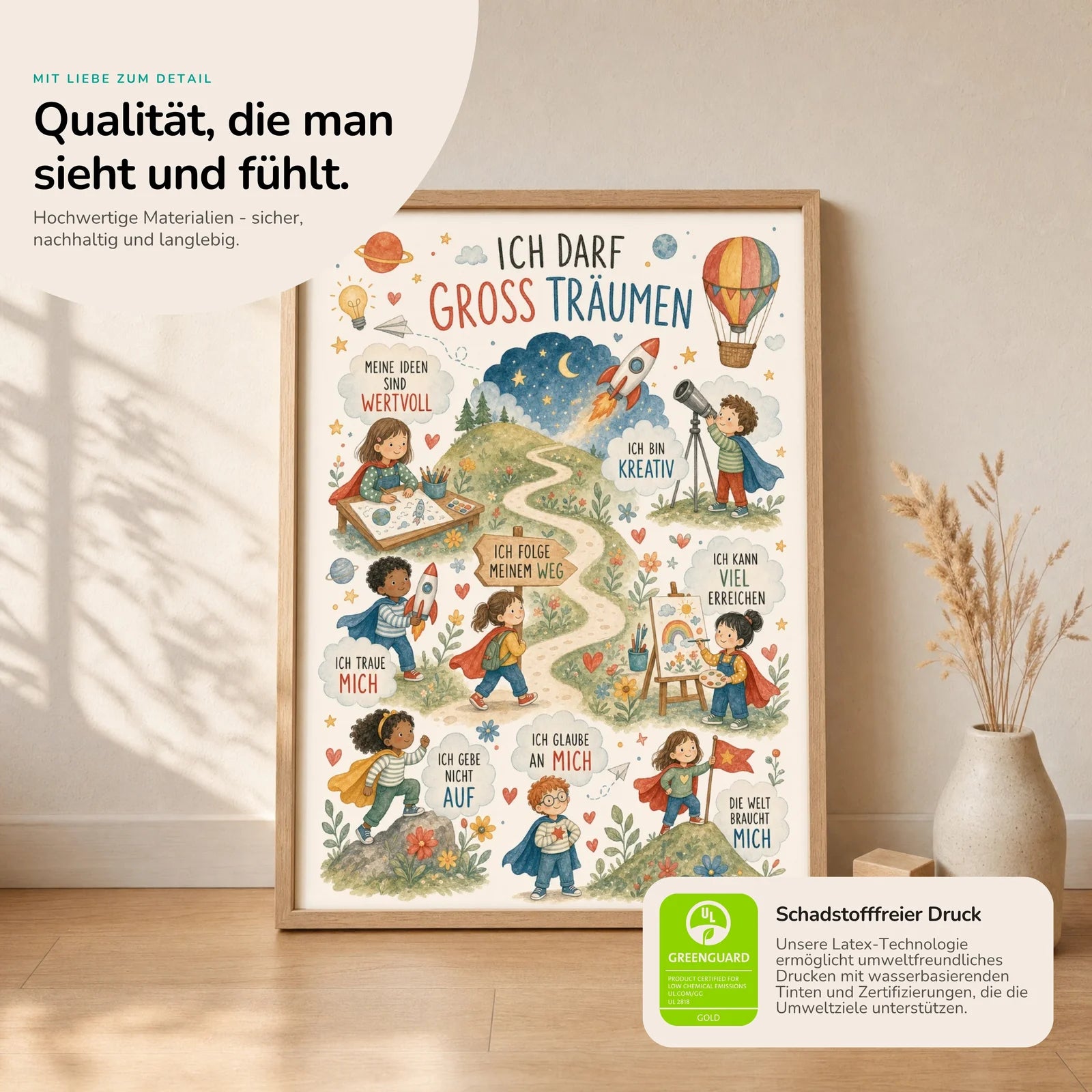 Affirmationsposter Kinderzimmer Wimmelbild Groß träumen, Nahaufnahme der Affirmationen