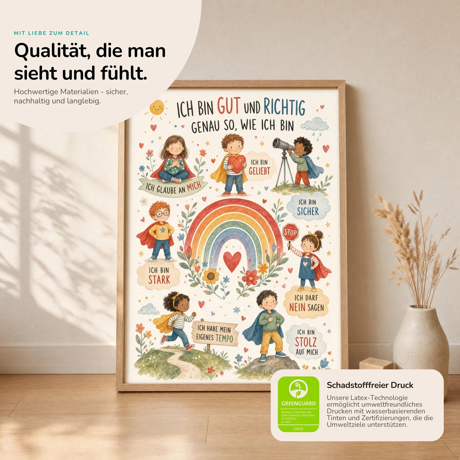 Affirmationsposter Kinderzimmer Wimmelbild Ich bin gut und richtig, Nahaufnahme der Affirmationen