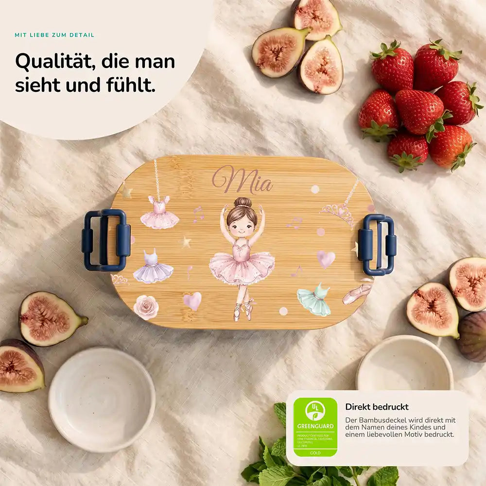 Brotdose Kinder personalisiert Ballerina Tutu, Bambusdeckel direkt bedruckt mit Wunschname
