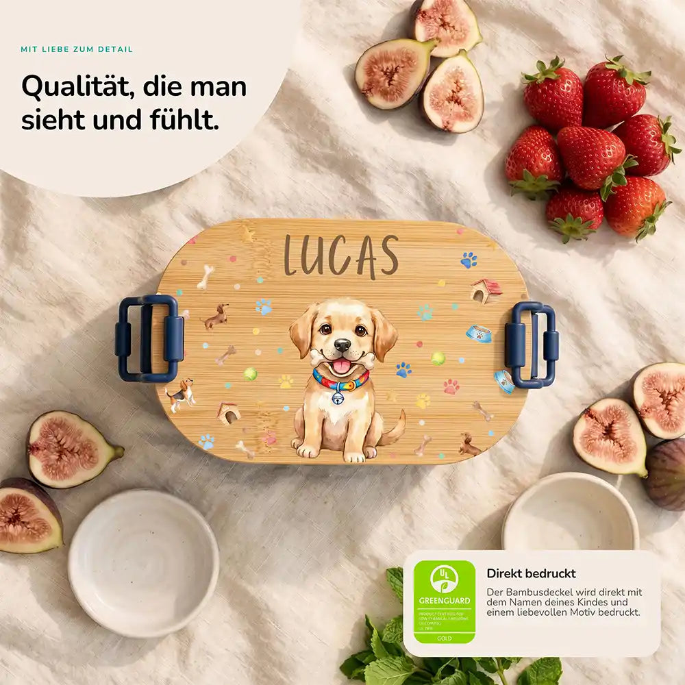 Brotdose Kinder personalisiert Hundewelpe, Bambusdeckel direkt bedruckt mit Wunschname