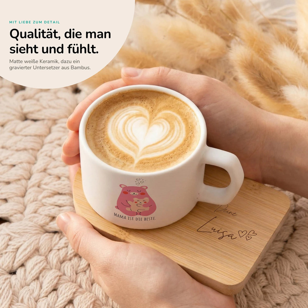 Muttertagsgeschenk Keramikbecher mit Untersetzer – Bär Mama & Kind