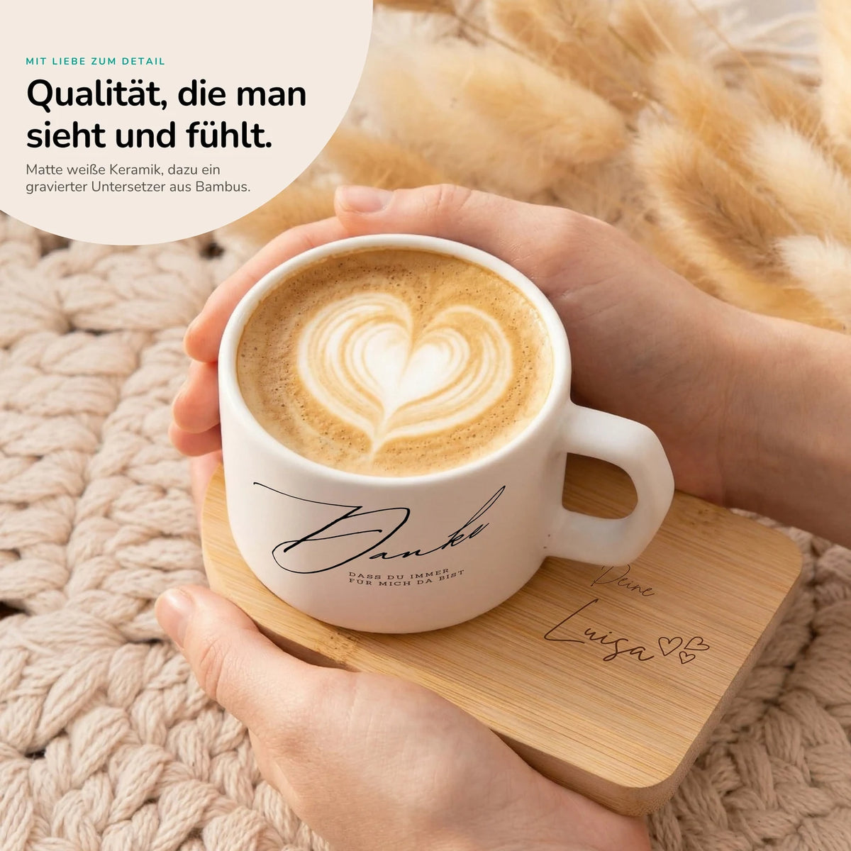 Muttertagsgeschenk Keramikbecher mit Untersetzer – Danke – immer für mich da