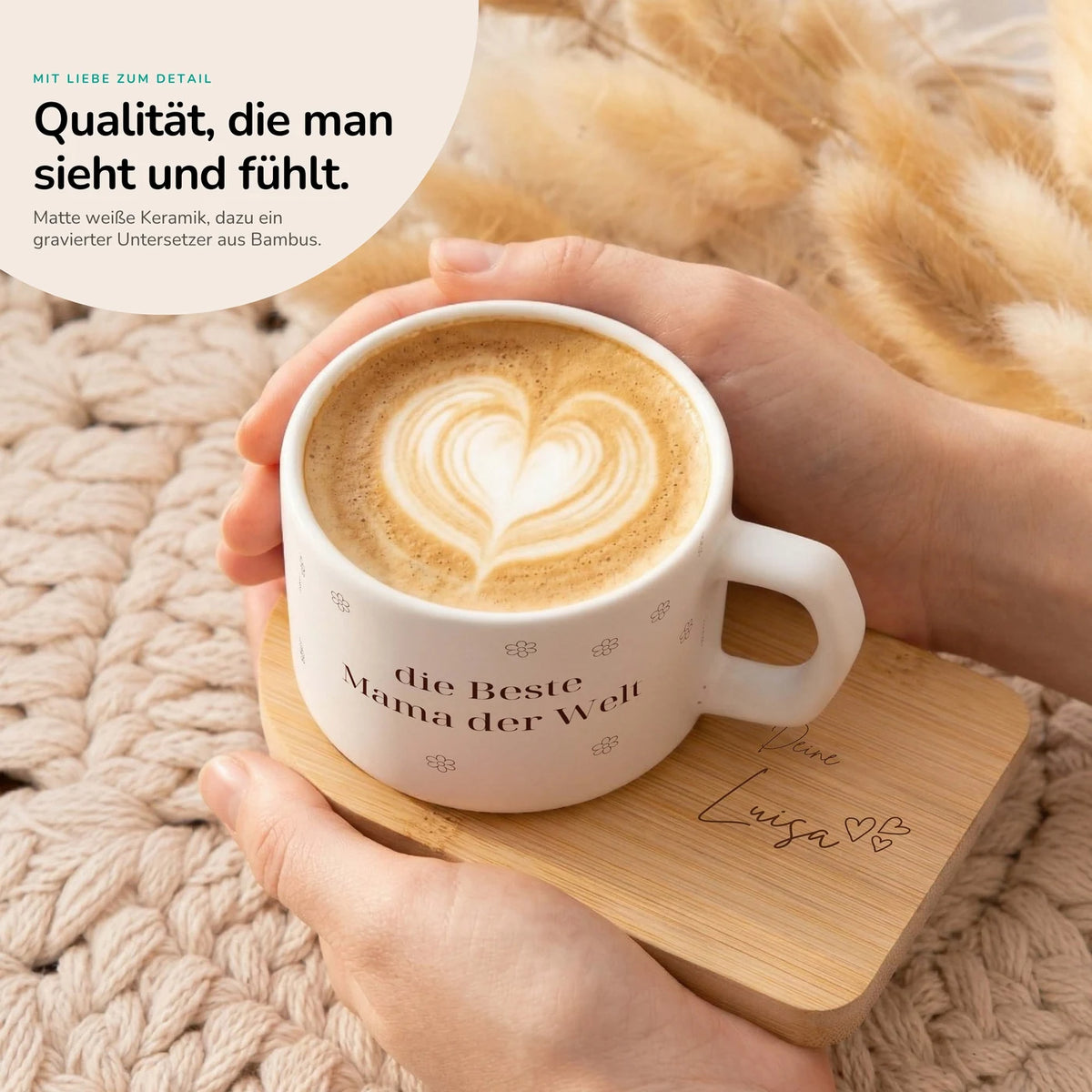 Muttertagsgeschenk Keramikbecher mit Untersetzer – Beste Mama Blümchen
