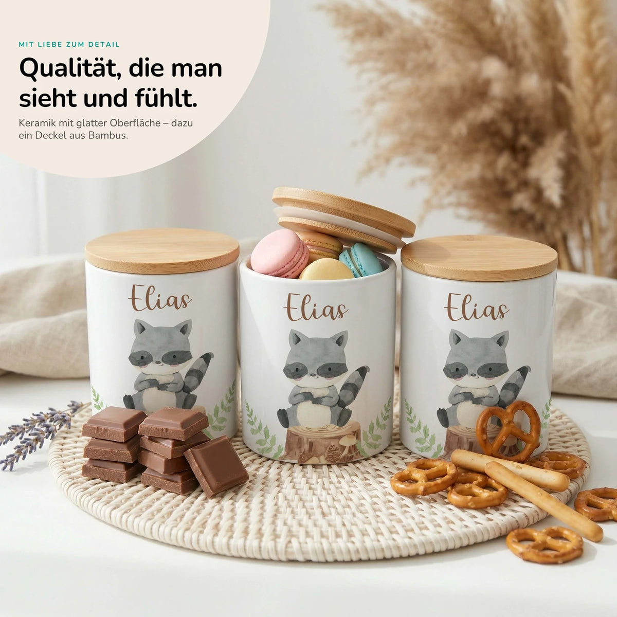 Personalisierte Keksdose Waschbär Wald – Keramik & Bambus mit Wunschname