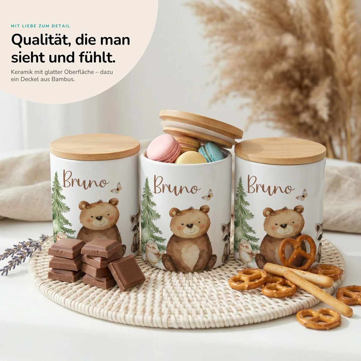 Personalisierte Keksdose Bär & Waschbär – Keramik & Bambus mit Wunschname