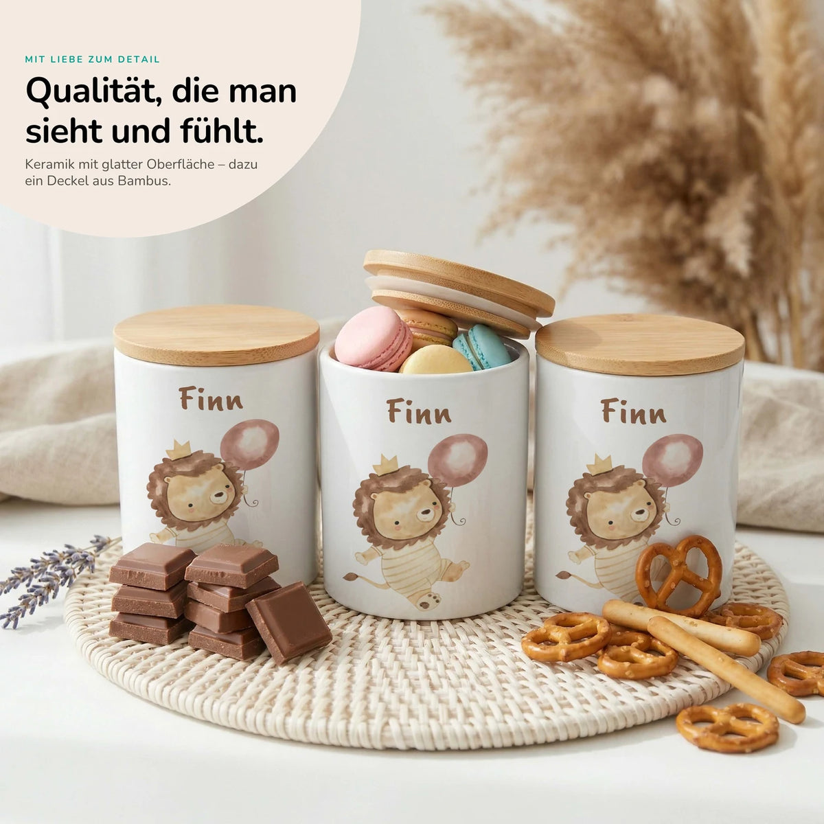 Personalisierte Keksdose Löwe Geburtstag – Keramik & Bambus mit Wunschname