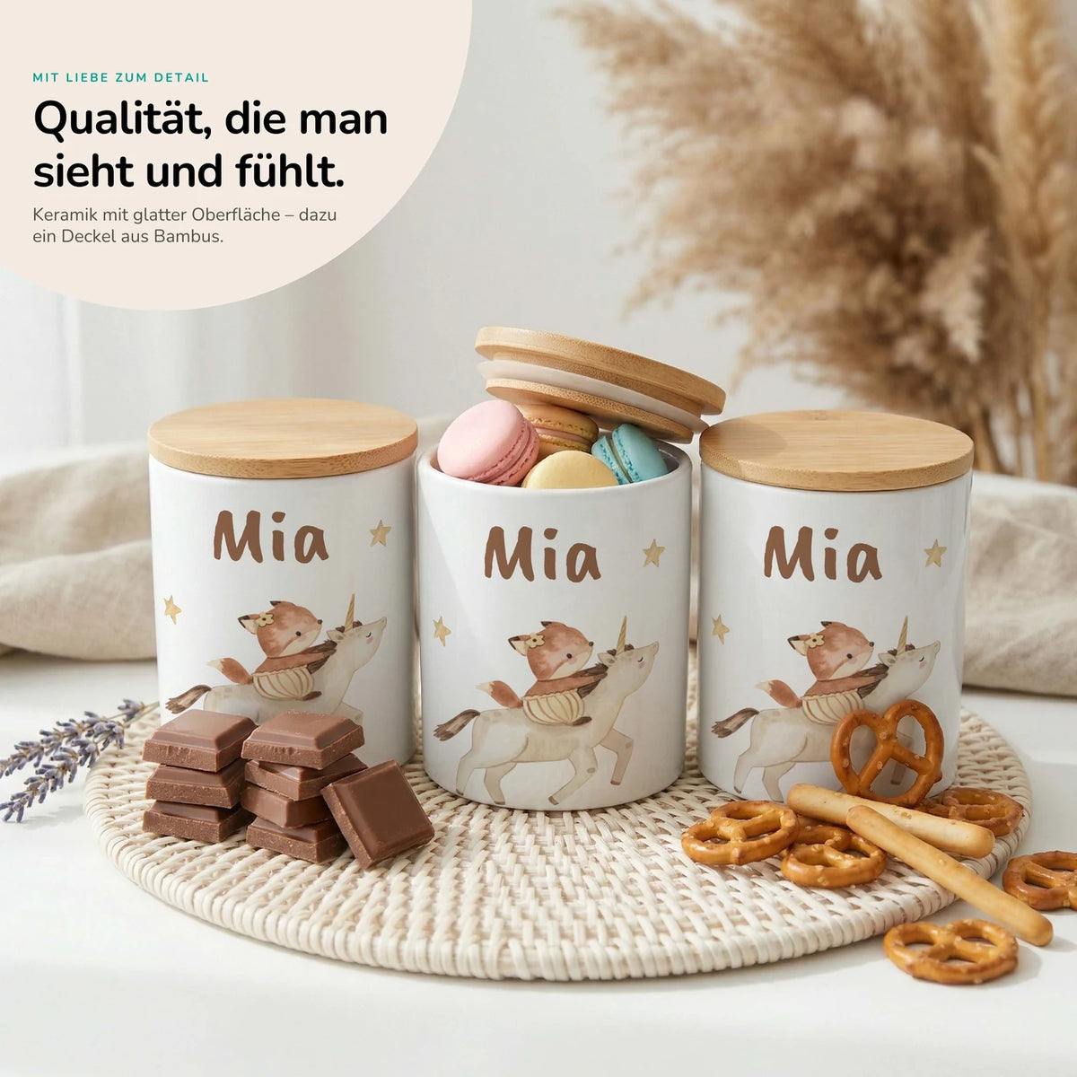 Personalisierte Keksdose Fuchs & Einhorn – Keramik & Bambus mit Wunschname
