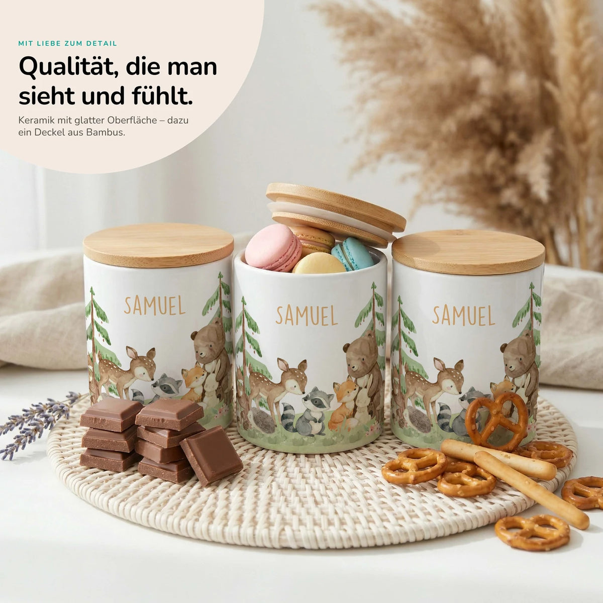 Personalisierte Keksdose Waldfreunde III – Keramik & Bambus mit Wunschname