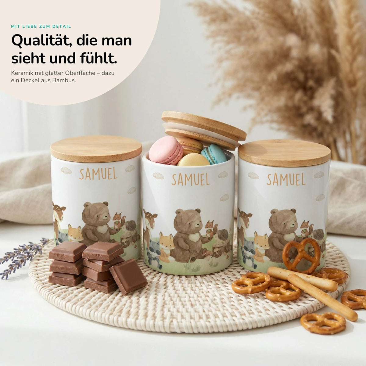 Personalisierte Keksdose Waldfreunde IV – Keramik & Bambus mit Wunschname