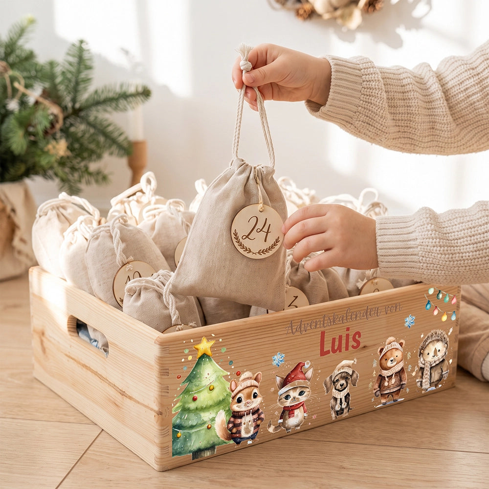 Personalisierter Adventskalender zum Befüllen - Tierfamilie im Winterwald