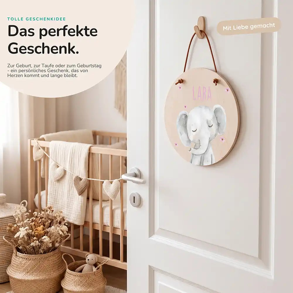 Türschild Kinderzimmer Elefant mit Blüten, als persönliches Geschenk zur Geburt