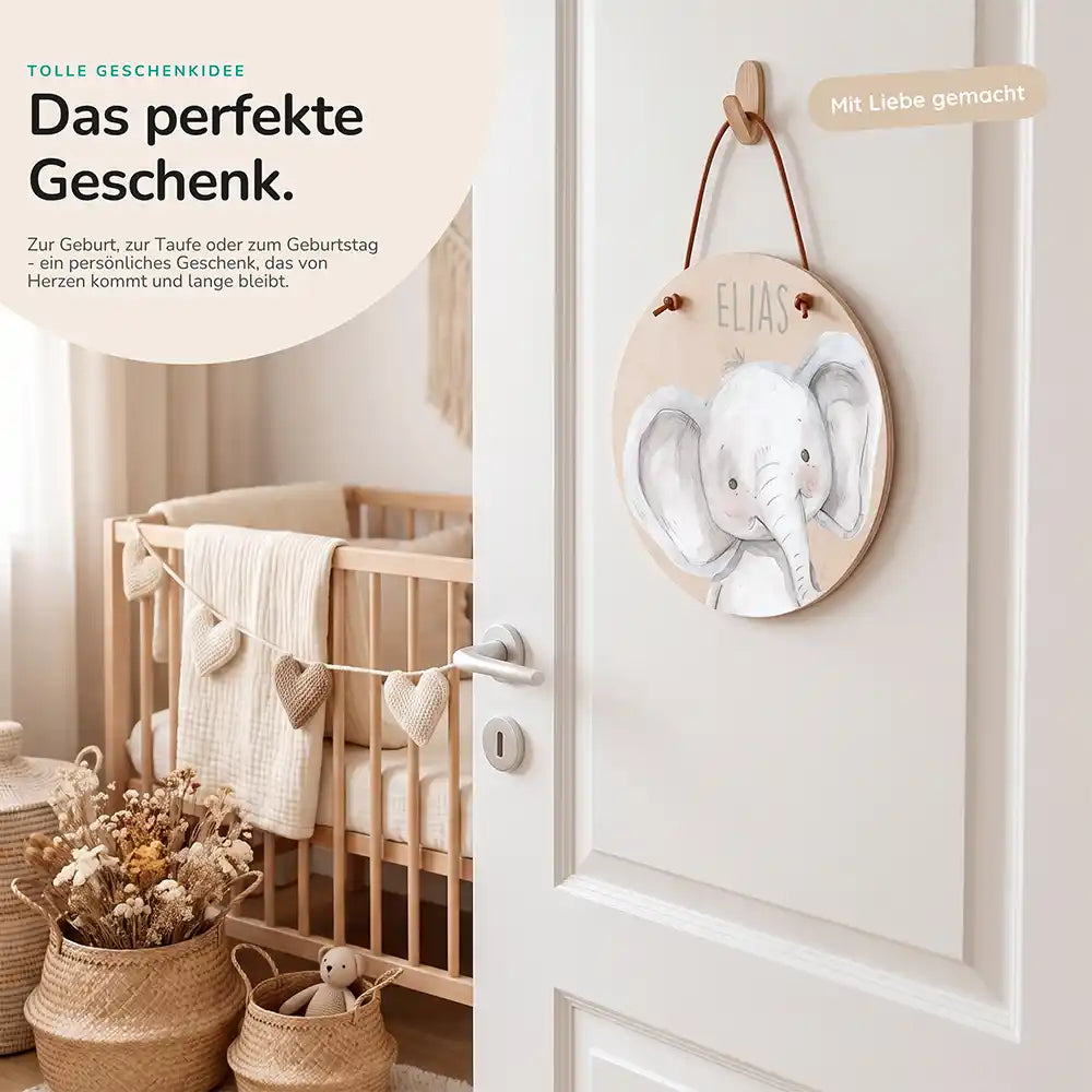 Türschild Kinderzimmer Elefant Porträt, als persönliches Geschenk zur Geburt