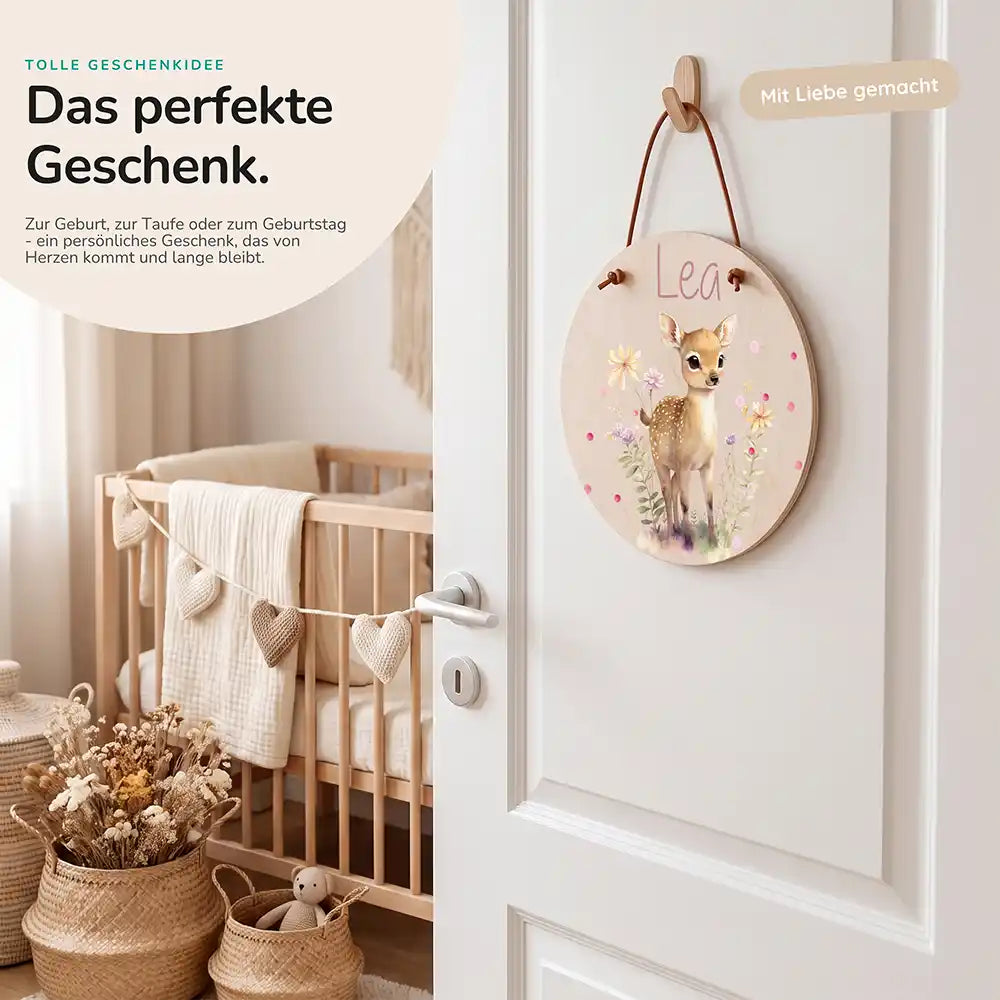 Türschild Kinderzimmer Reh mit Wildblumen, als persönliches Geschenk zur Geburt