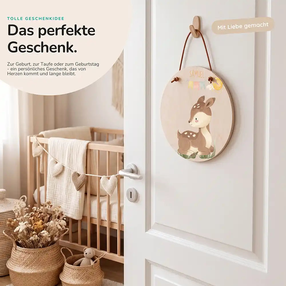 Türschild Kinderzimmer Reh mit Wimpelkette, als persönliches Geschenk zur Geburt