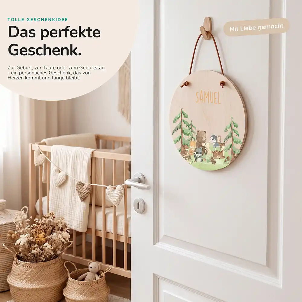 Türschild Kinderzimmer Waldtiere, als persönliches Geschenk zur Geburt