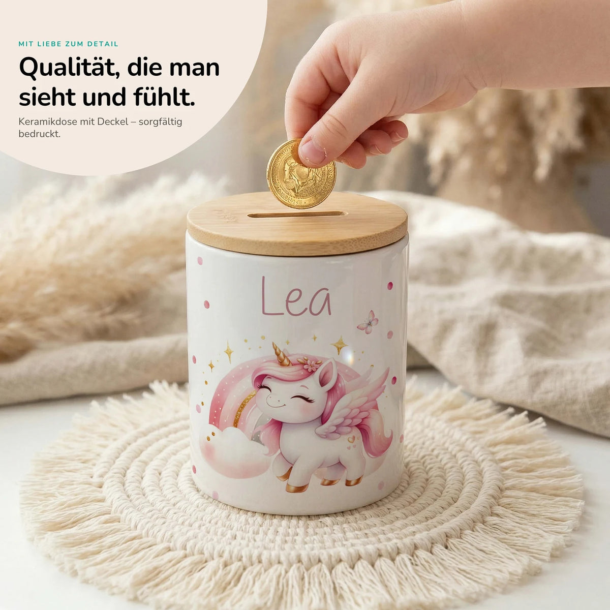 Personalisierte Spardose Einhorn Flügel – Keramik & Bambus mit Wunschname