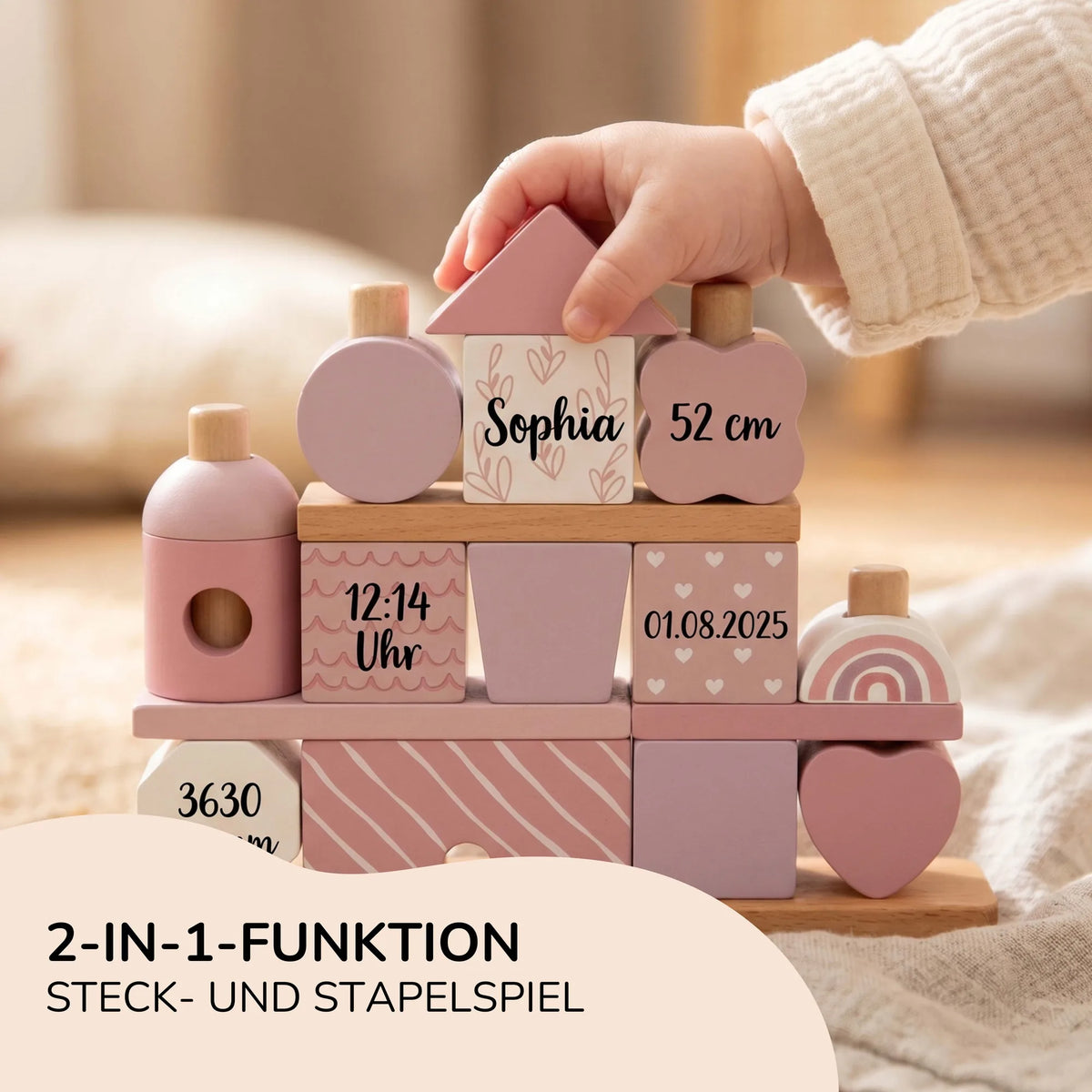 Stapelhaus personalisiert in Rosa als Steck- und Stapelspiel
