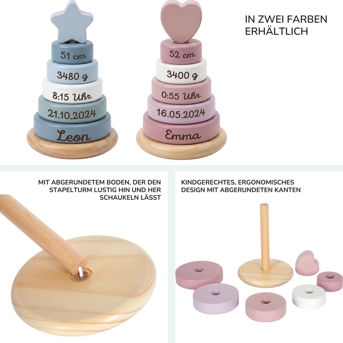Stapelturm personalisiert in Rosa und Blau, zwei Farben im Vergleich