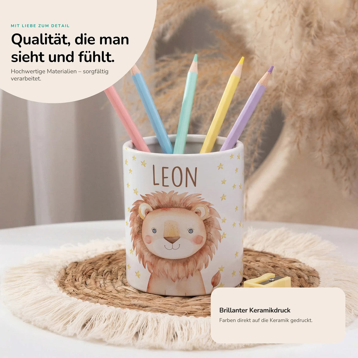 Personalisierter Stiftehalter Löwe Sterne – Keramik mit Wunschname