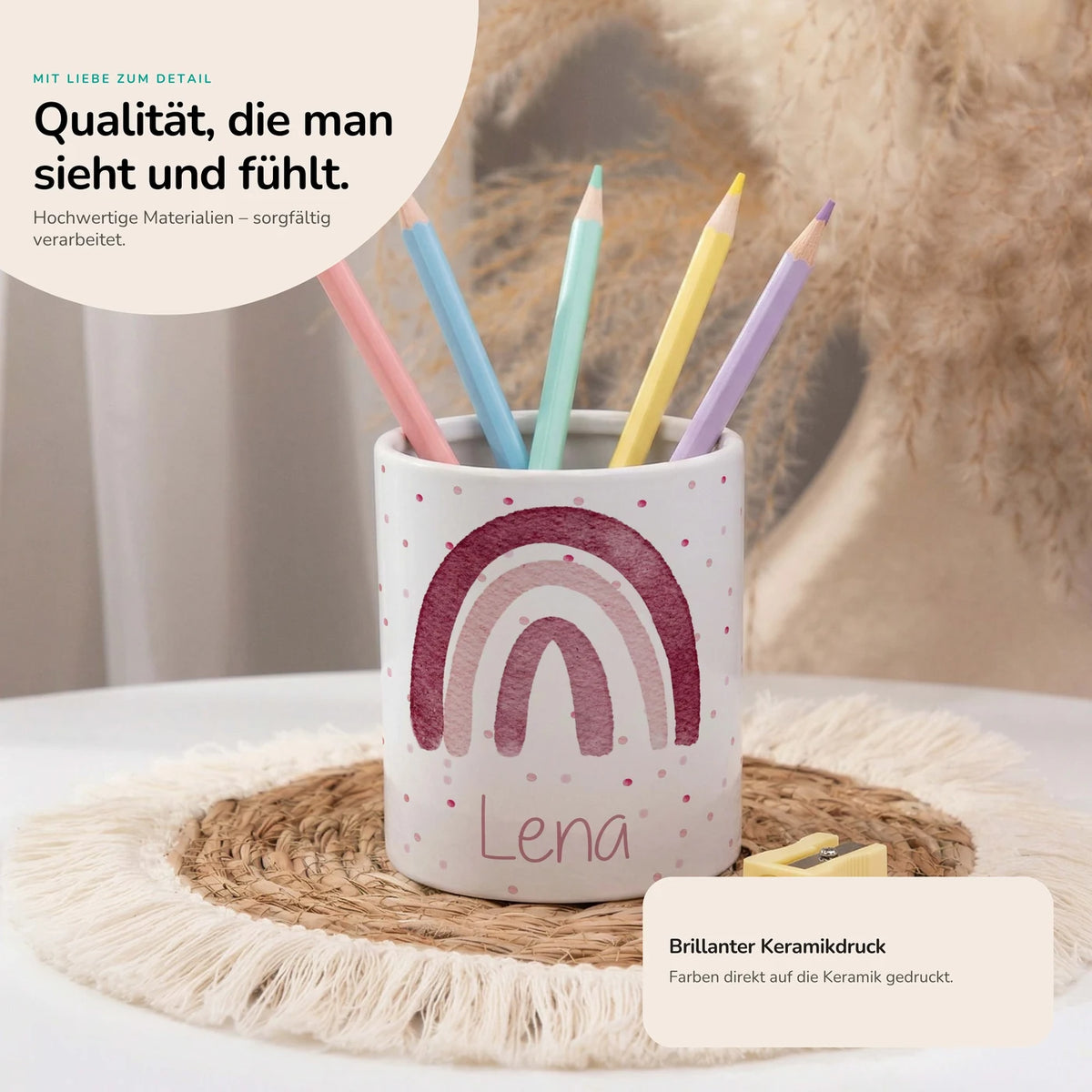 Personalisierter Stiftehalter Regenbogen Rosa – Keramik mit Wunschname