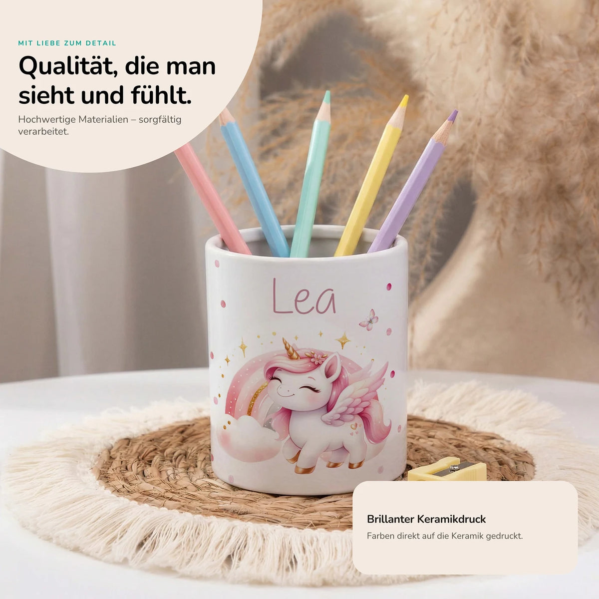 Personalisierter Stiftehalter Einhorn Flügel – Keramik mit Wunschname