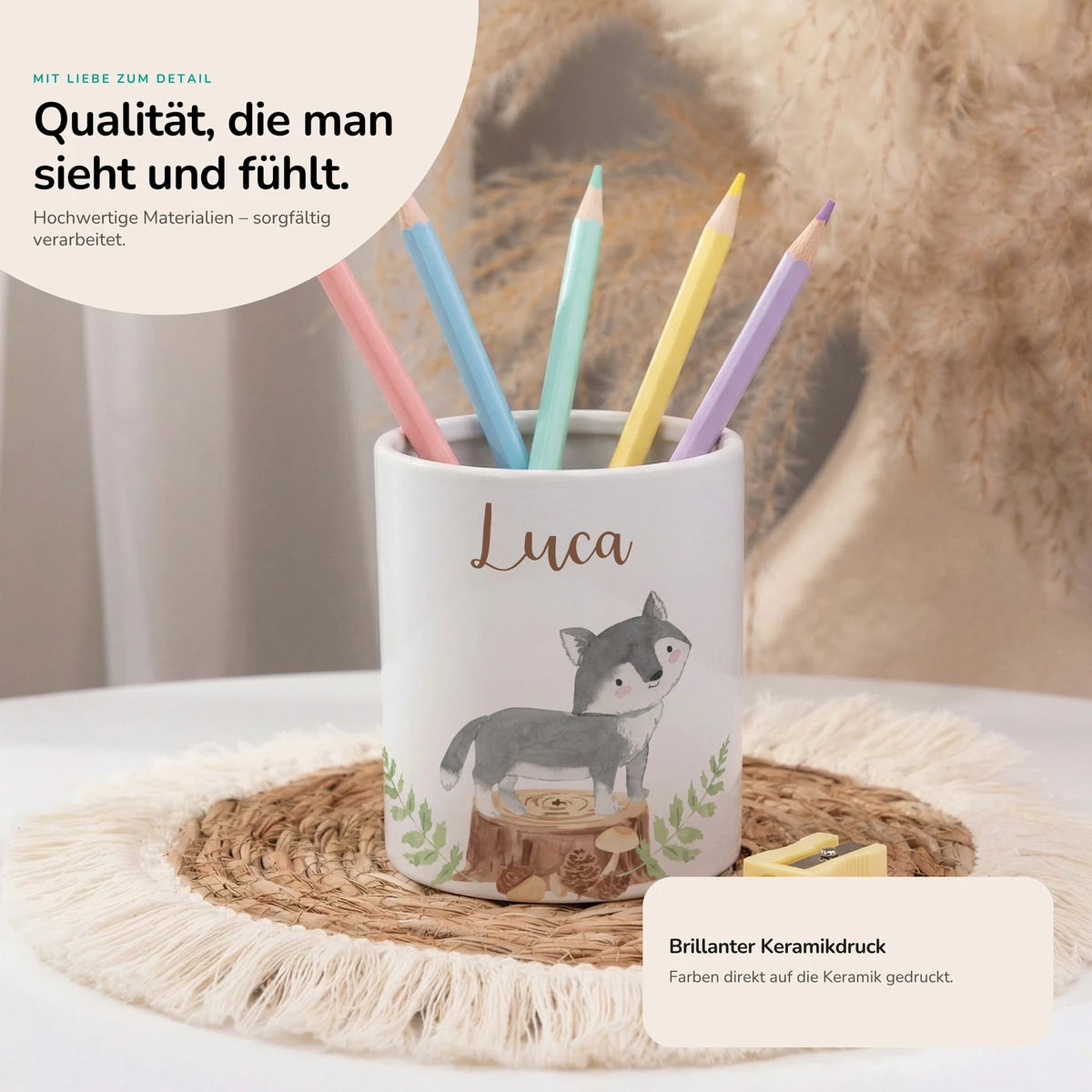 Personalisierter Stiftehalter Wolf Wald – Keramik mit Wunschname