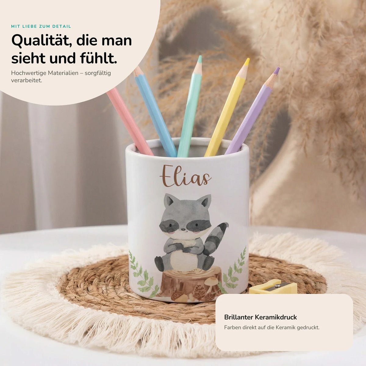 Personalisierter Stiftehalter Waschbär Wald – Keramik mit Wunschname