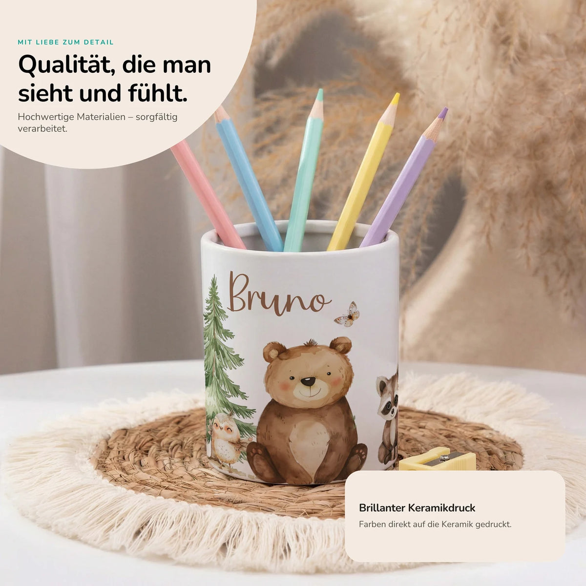 Personalisierter Stiftehalter Bär & Waschbär – Keramik mit Wunschname