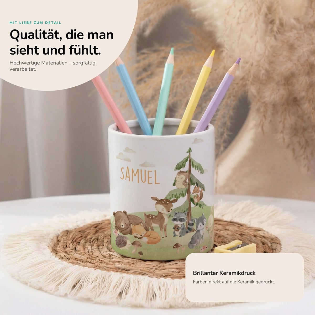 Personalisierter Stiftehalter Waldszene V – Keramik mit Wunschname