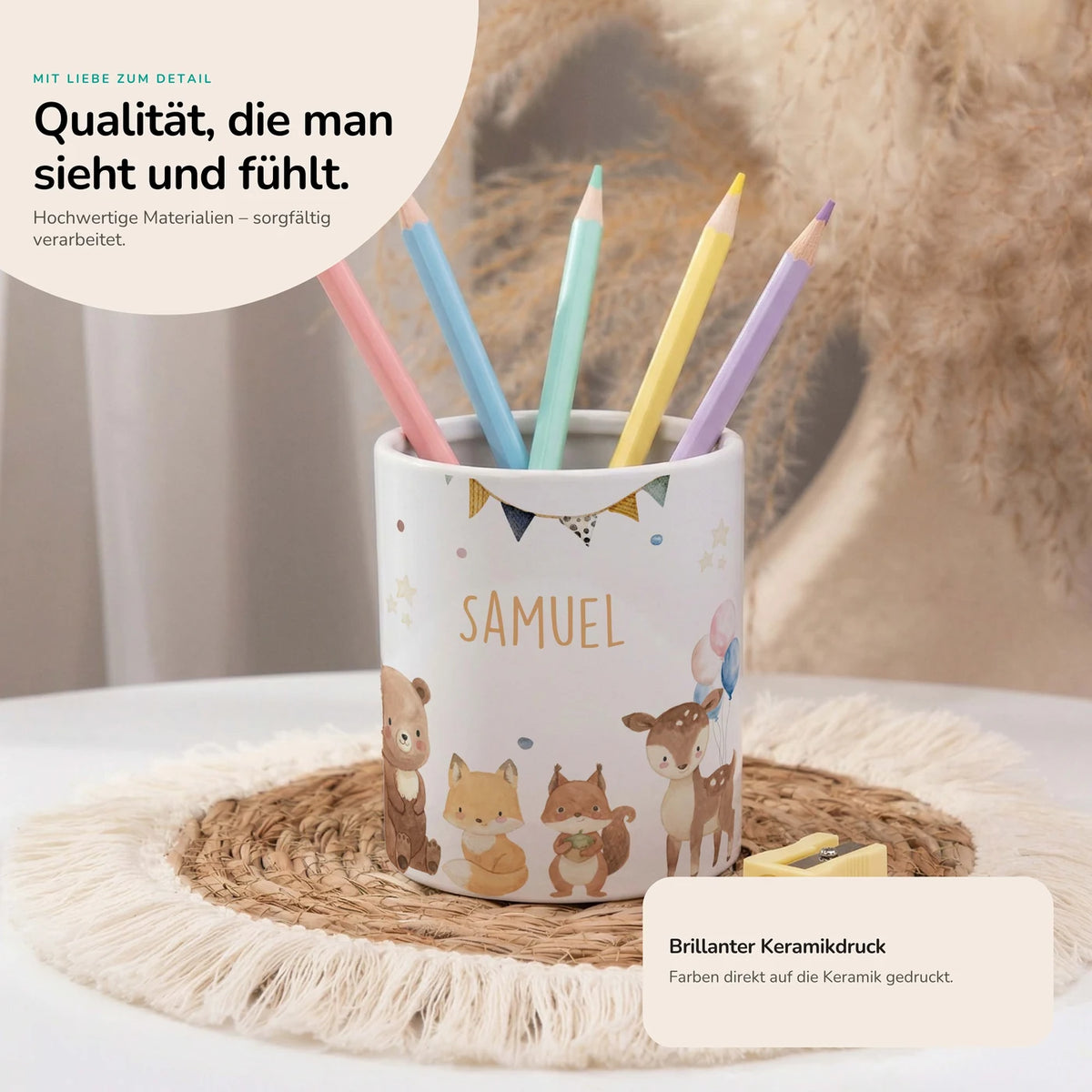 Personalisierter Stiftehalter Waldtiere Party – Keramik mit Wunschname
