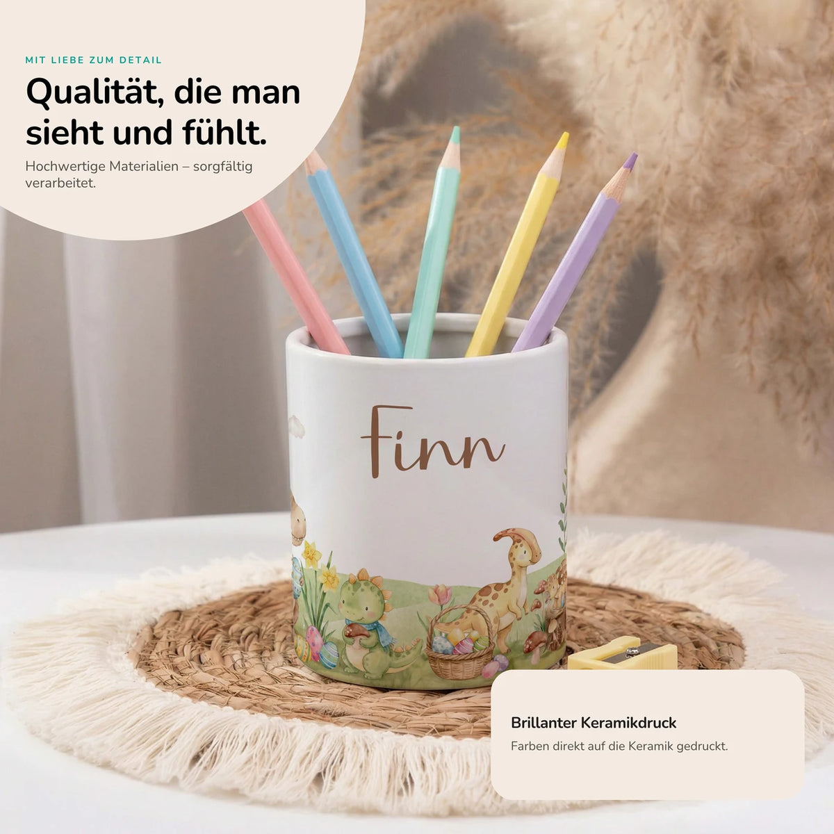 Personalisierter Stiftehalter Dinos Ostern – Keramik mit Wunschname