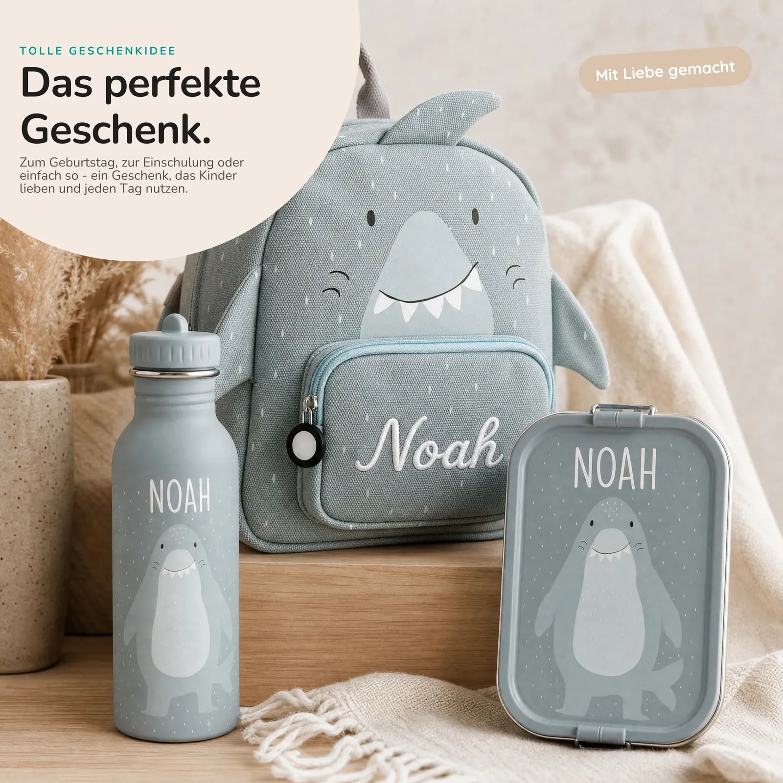 Trixie Kindergarten Set Hai, Kita-Set mit Rucksack, Brotdose und Trinkflasche