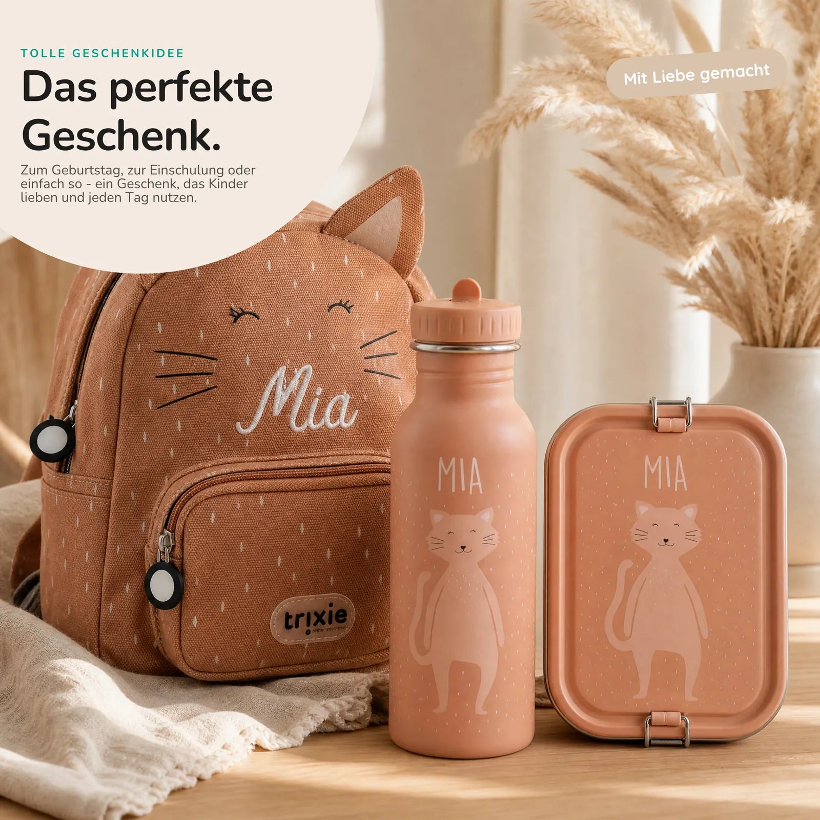 Trixie Kindergarten Set Katze, Kita-Set mit Rucksack, Brotdose und Trinkflasche