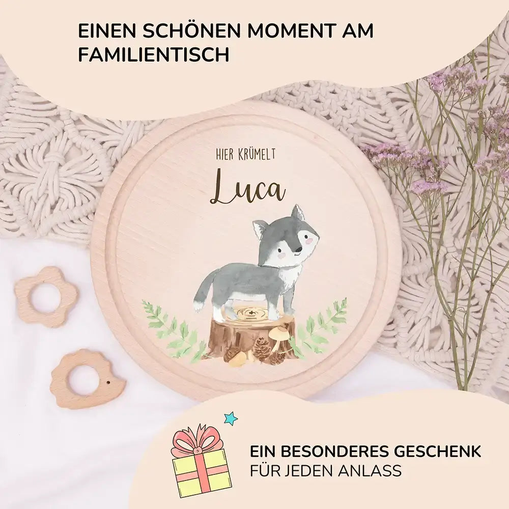 Rundes personalisiertes Frühstücksbrettchen Dachs mit Namen für Kinder