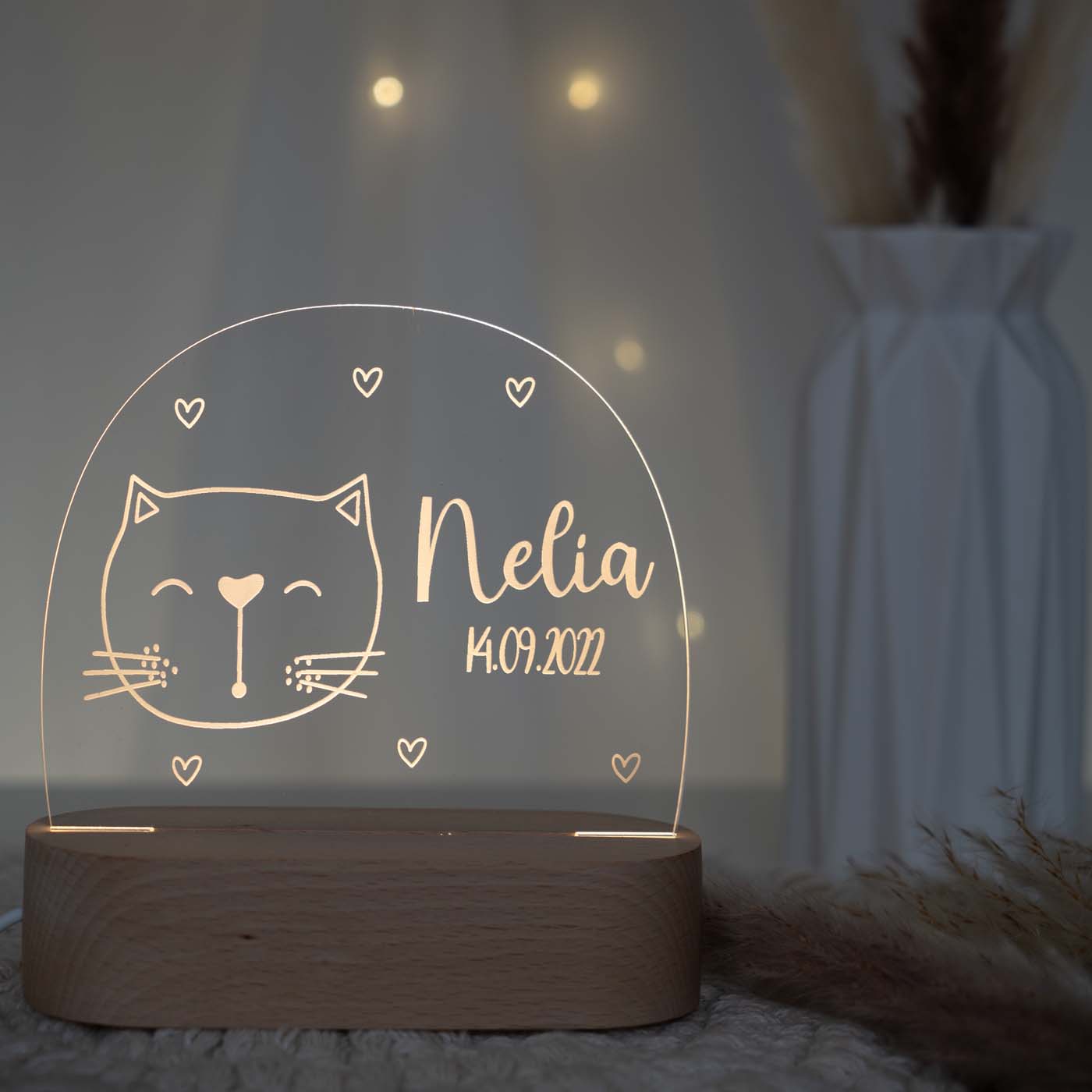 Personalisierte Nachtlampe für Kinder - Kater - Name und Geburtsdatum