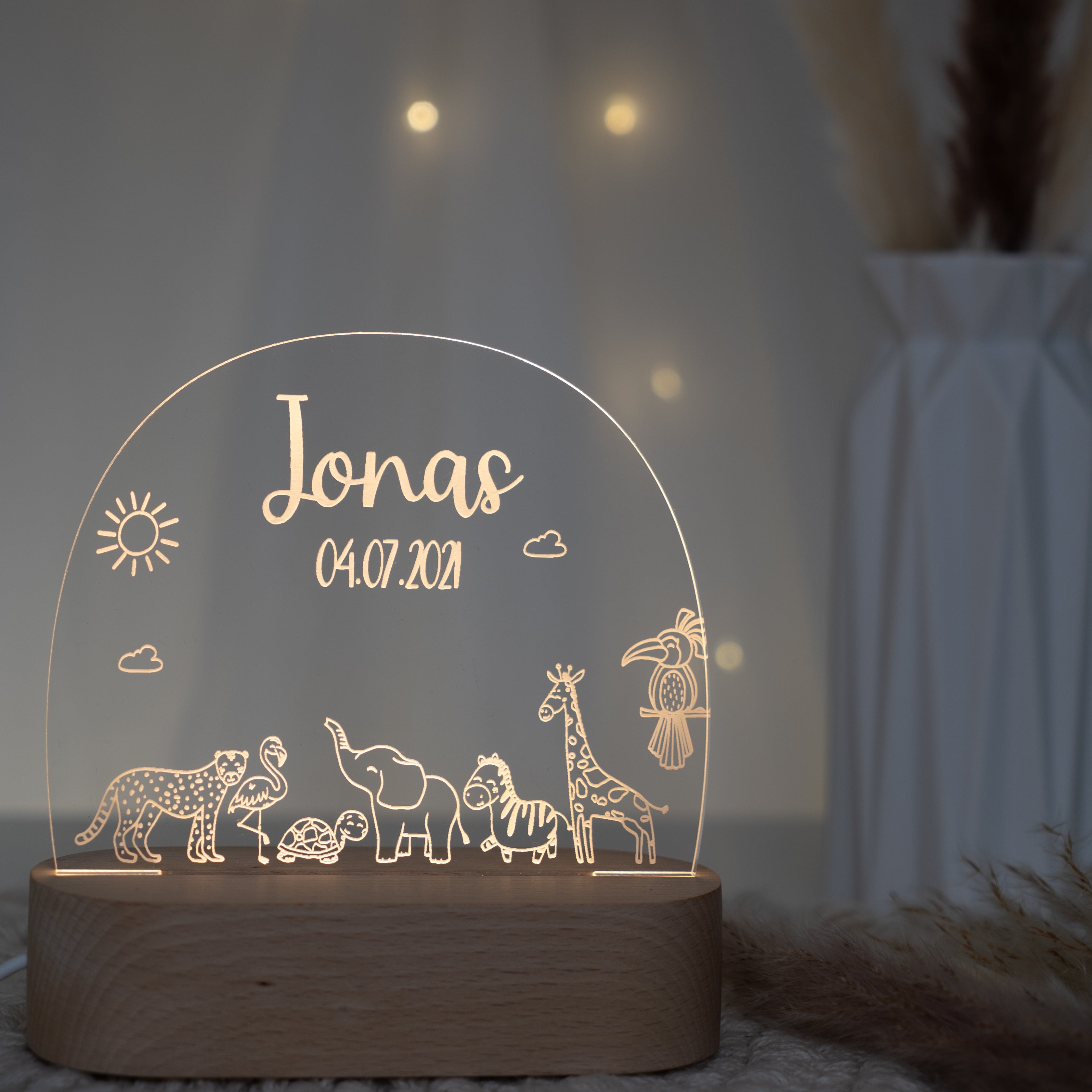 Personalisierte Nachtlampe für Kinder - Safari - Name und Geburtsdatum