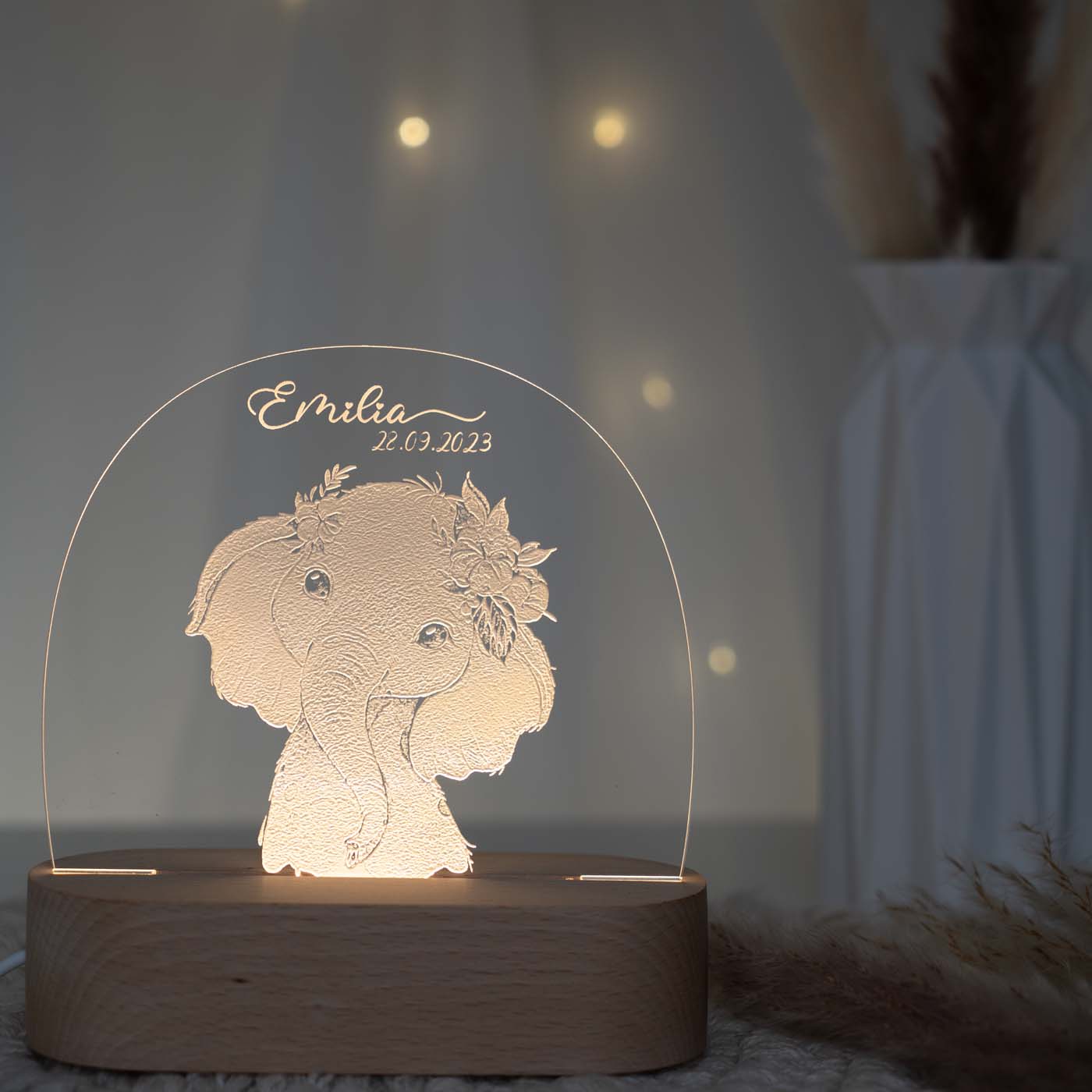Personalisierte Nachtlampe für Kinder - Elefant - Name und Geburtsdatum