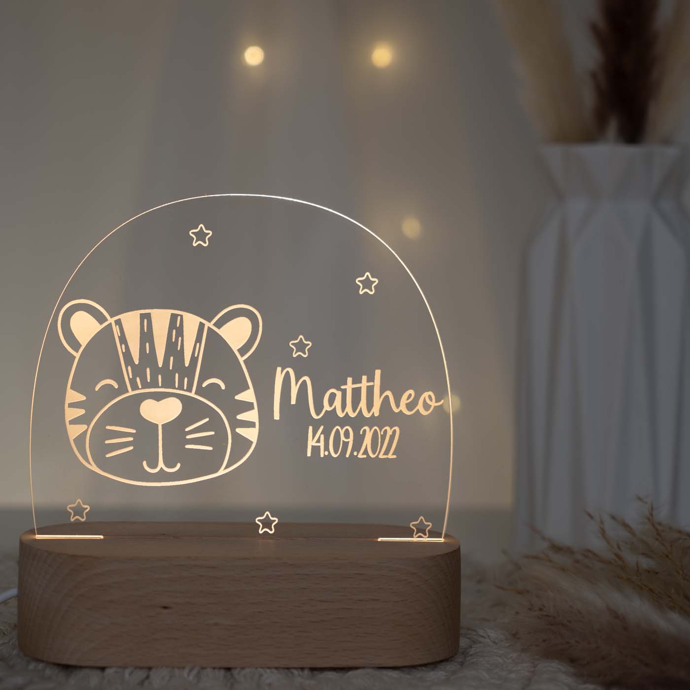 Personalisierte Nachtlampe für Kinder - Tiger - Name und Geburtsdatum