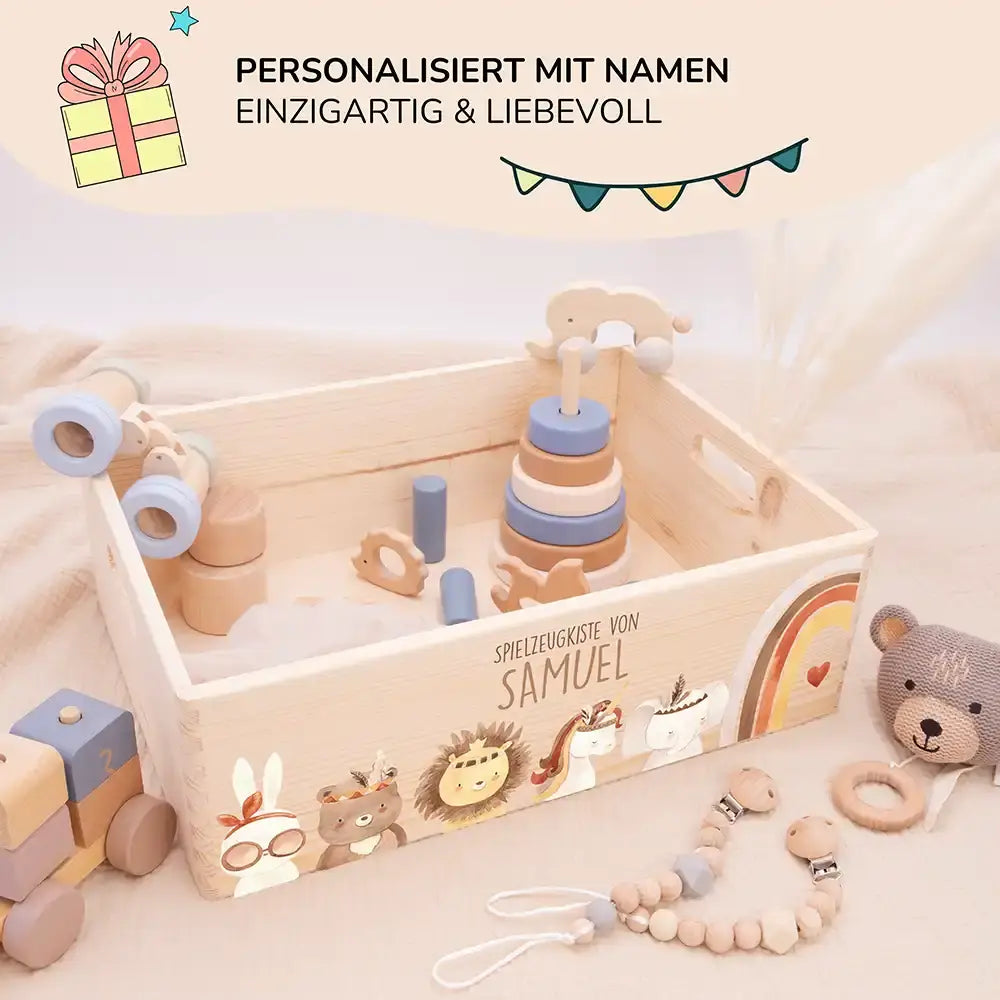 Spielzeugkiste personalisiert mit Namen - Boho Tiere