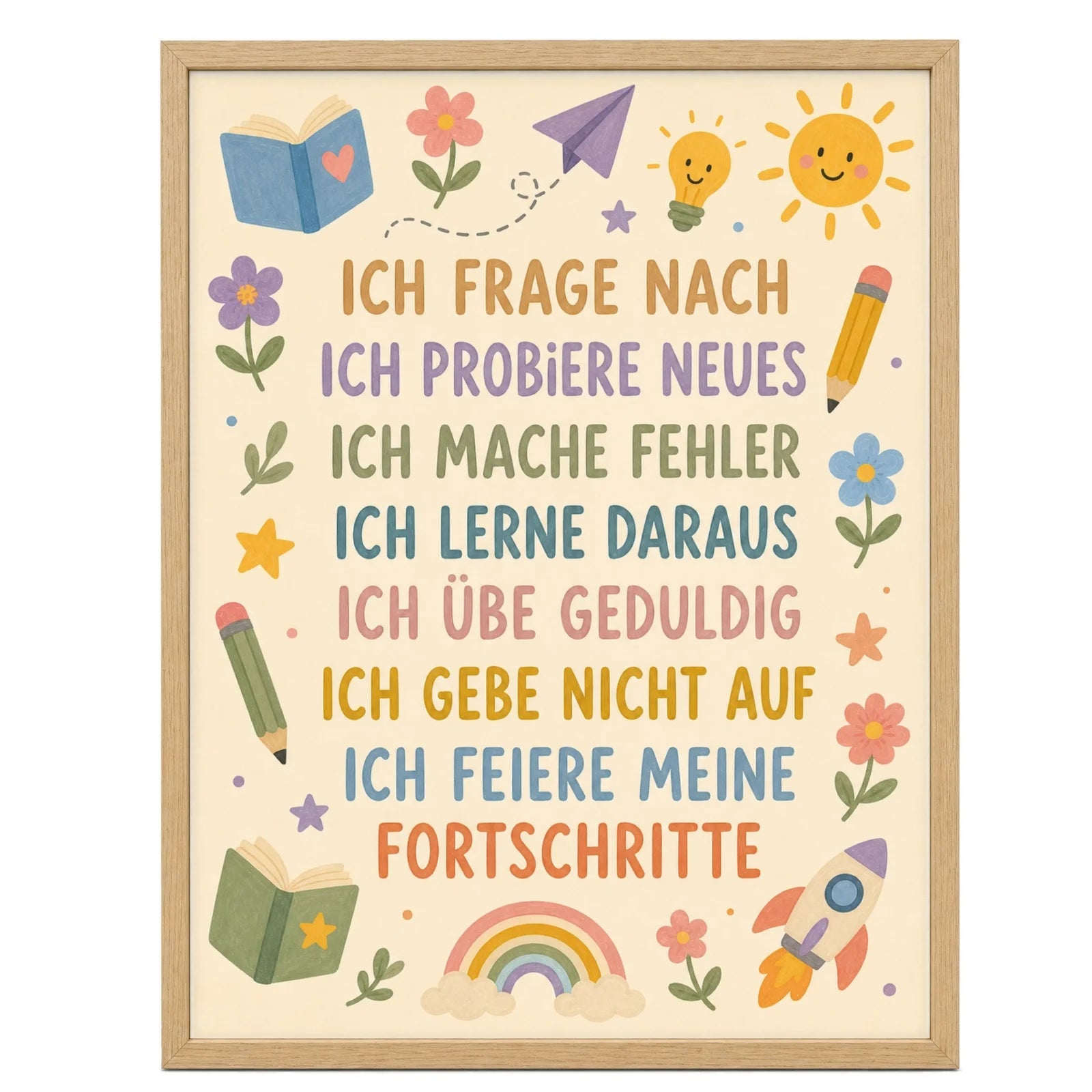 Affirmationsposter Kinderzimmer Blumenwiese Ich frage nach, im Mädchenzimmer