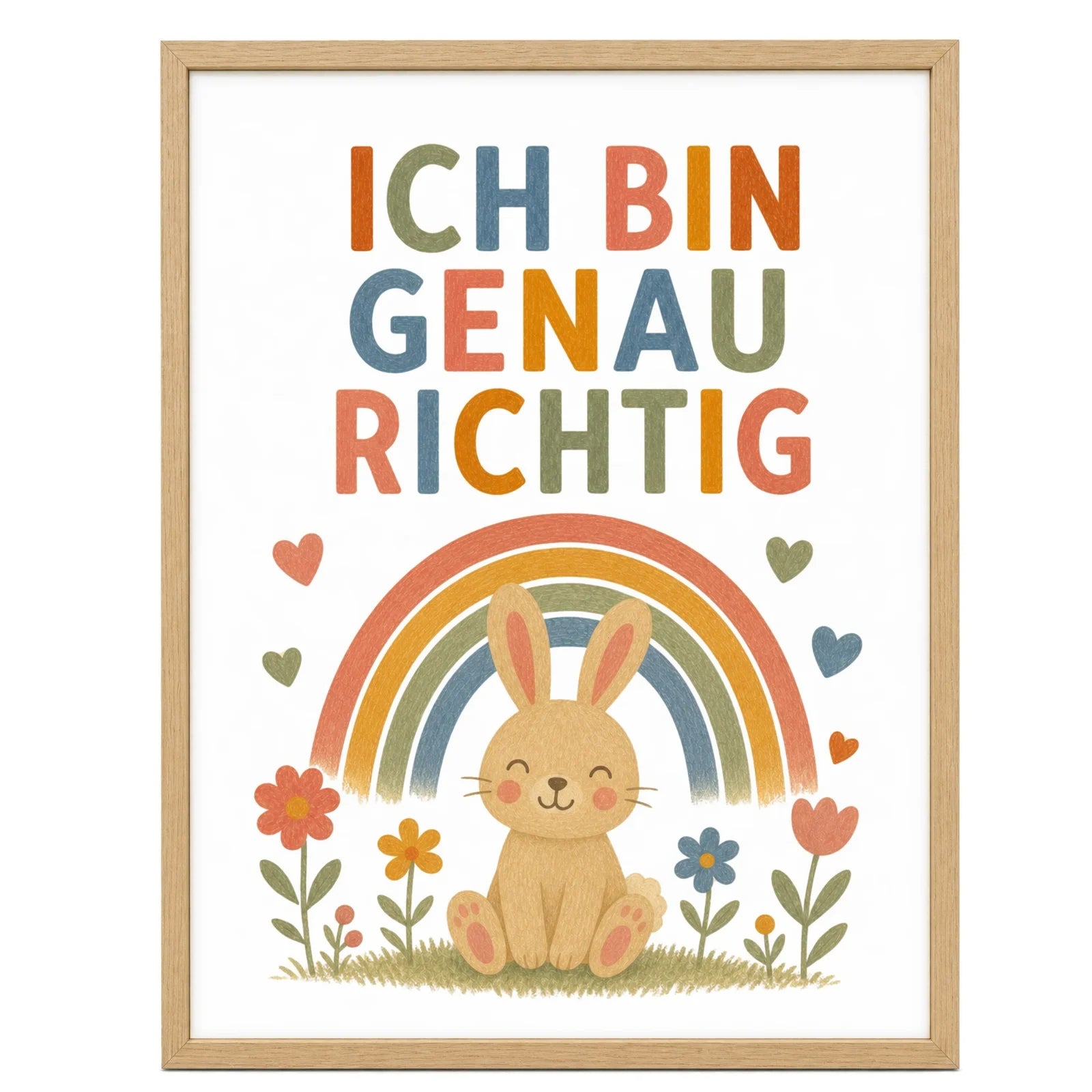 Affirmationsposter Kinderzimmer Hase Ich bin genau richtig, im Mädchenzimmer